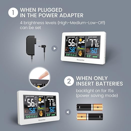 Newentor Weather Station Wireless Indoor Outdoor Thermometer, Color Display Digital Weather Thermometer with Atomic Clock, Barometric Pressure, Forecast Station with Adjustable Backlight,White,3Sensor