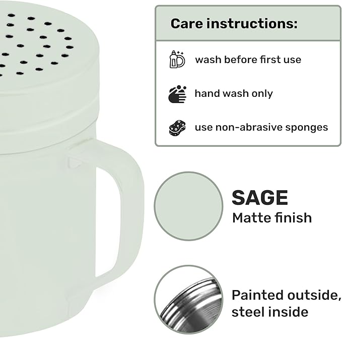 CUSINIUM 10oz Sage Stainless Steel Salt Pepper Dredge Shakers - With Plastic Cap - With Handle - Pack of 2