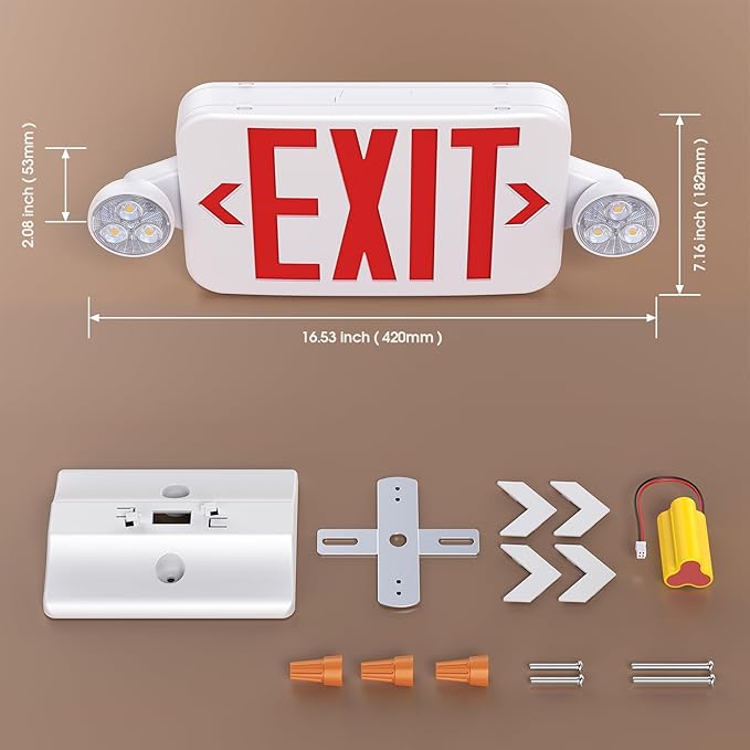 Emergency Sign Combo with Battery Backup, Double Sided Hardwired 6 LED Exit Sign, Adjustable Head Red Emergency Exit Light - Ceiling/Wall Mount, UL Listed, AC 120/277V (1 Pack)