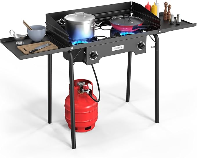 ROVSUN 2 Burner Gas Stove with Side Shelves, 150,000 BTU Portable Propane Stove with Removable Legs, Wind Panels & Regulator for Camping Home Backyard Cooking Brewing Canning Turkey Frying