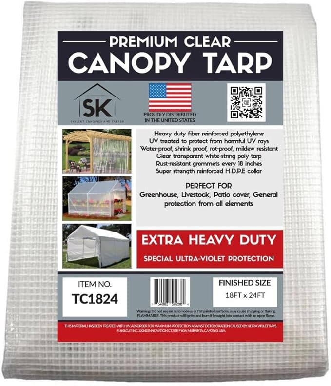 16 Mil Clear Poly Heavy Duty Tarp with Fiber Reinforcement - True Size Tarps with UV Protection, Tear Resistance, Flexibility, Reinforced Corners 18x24