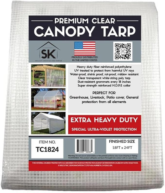 16 Mil Clear Poly Heavy Duty Tarp with Fiber Reinforcement - True Size Tarps with UV Protection, Tear Resistance, Flexibility, Reinforced Corners 18x24