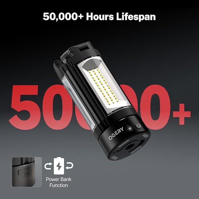 OGERY Rechargeable 10000mAh Camping Light with Stand 6.5 ft Max Height, Cordless Work Light with 3 LED Lamp Heads, 2200 Lumens Camping Essentials Gear Emergency Flashlight with Detachable Tripod