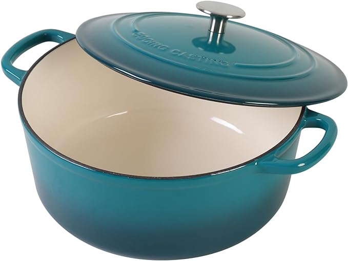 Enameled Cast Iron Dutch Oven Pot with Lid for Bread Baking, Cooking, Round Bread Oven Dual Handles, 7 Quart, Darkcyan