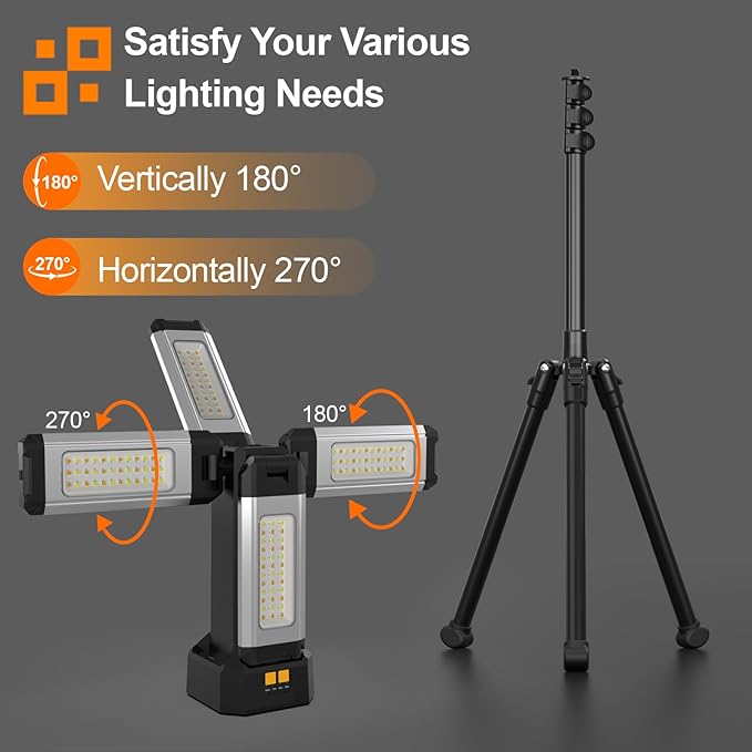 Upgraded Aluminum13200mAh Rechargeable Work Light with Folding Stand and Carrying Bag, 8000 Lumen Cordless Camping Light, White/Warm/Nature White with Detachable Tripod (Standard)