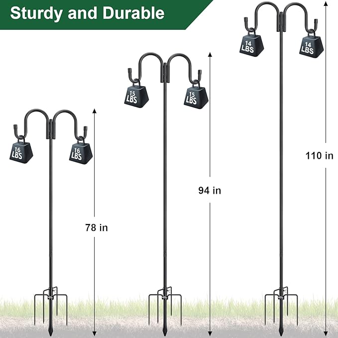 Black Double Shepherds Hook - 98 Inch Adjustable Bird Feeder Pole with 5 Prongs Base - Heavy Duty Rustproof Shepards Hooks for Outdoor Hummingbird Feeder Stand, Solar Lights, Lanterns, Flower Basket