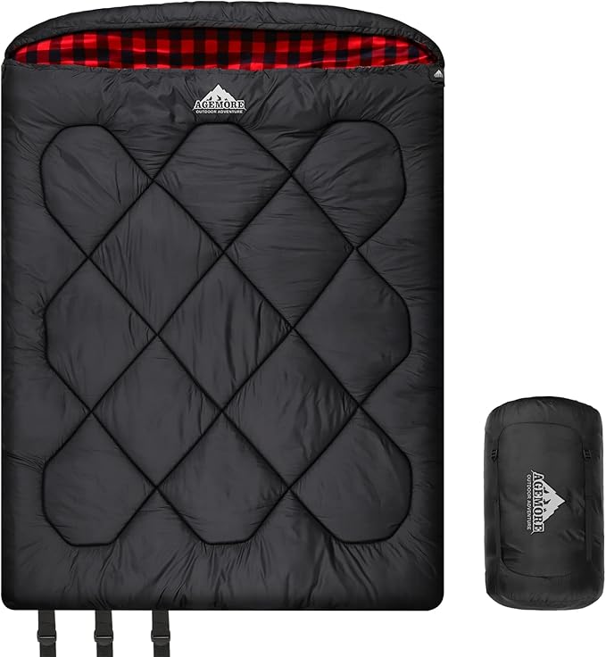 AGEMORE 0 Degree Double Sleeping Bag for Adults, Cotton Flannel Lined 2 Person Queen Size Warm Sleeping Bag for Family Winter Camping or RV Traveling