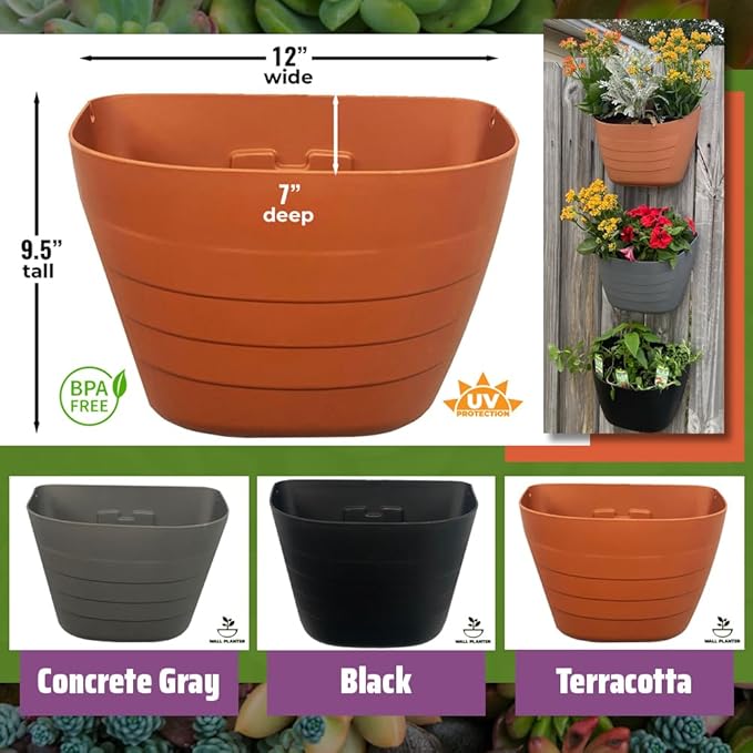 12 Inch Gray Wall Planter, Self-Watering Concrete Hanging Planter for Indoor & Outdoor Use, Large Wall Planter with Self-Watering Grid, Ideal for Flowers, Vegetables & Herbs, UV Resistant