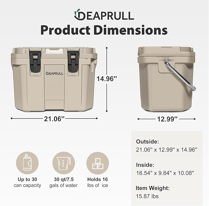 Hard Cooler, Insulated Ice Chest Box Holds Ice for More Days, Portable Cooler with Handle, Cup Holders, Double Latches for Camping Drink, Beach, Picnic, Fishing, Boat, Barbecue