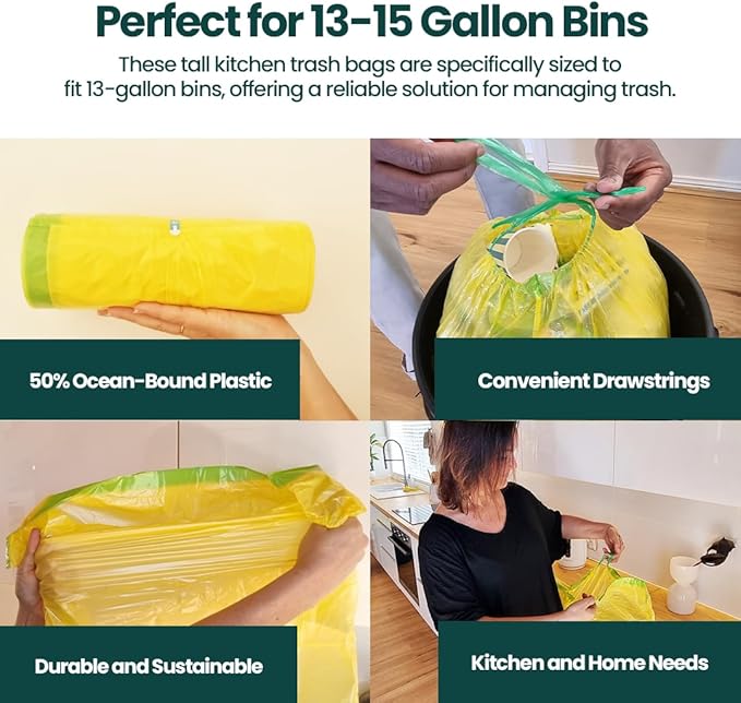 13 Gallon Trash Bags with Drawstrings, 80 Bags Made from 50% Recycled Plastic, Code K Leakproof and Tear-Resistant, Tall Kitchen Garbage Bags for Home and Office