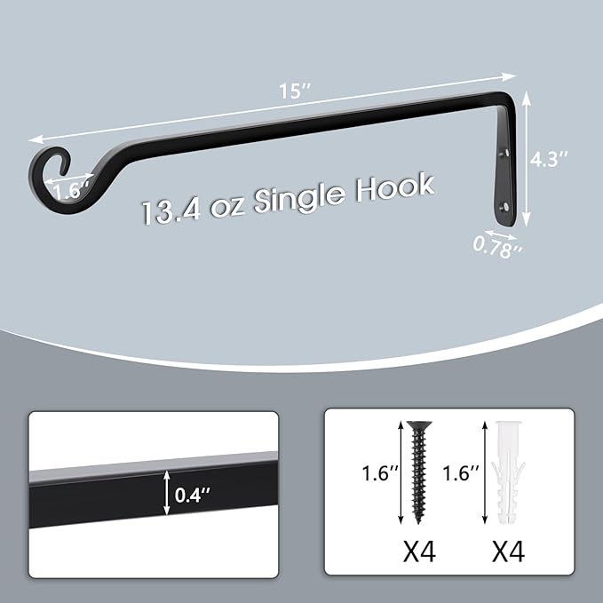 Gtongoko 2 Pack 15 Inch Plant Hangers Outdoor Metal, Plant Hooks for Wall Indoor, Outdoor Hooks for Hanging Bird Feeders, Plant Bracket, Lanterns, Wind Chinme, Black