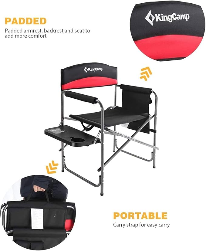 KingCamp Heavy Duty Camping Director Chair, Folding with Side Table & Storage, Red