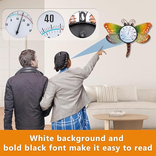 16.5" Outdoor Thermometer, Dragonfly Indoor Thermometer No Need Battery, Metal Wall Thermometer for Patio Room Decor