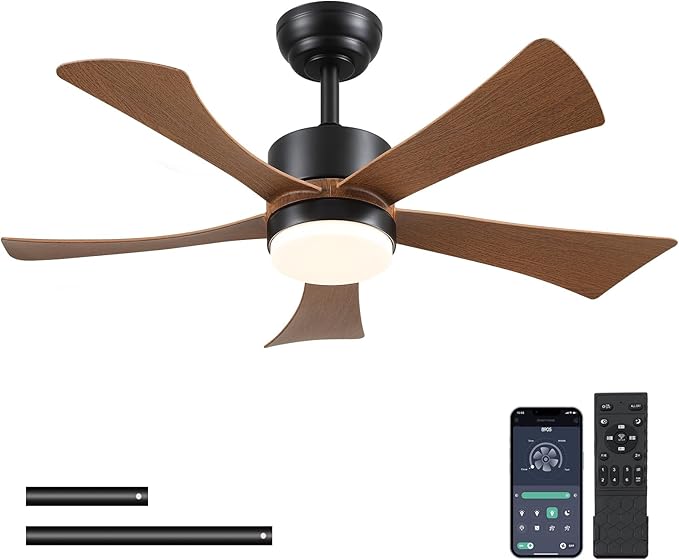 42 inch Ceiling Fans with Lights, Modern Ceiling Fan with Remote Control App, DC Motor Quiet, 3CCT Dimmable Memory, Led Sloped Flat Ceiling Fan with Light for Bedroom Indoor&Outdoor Patio Wood Brown