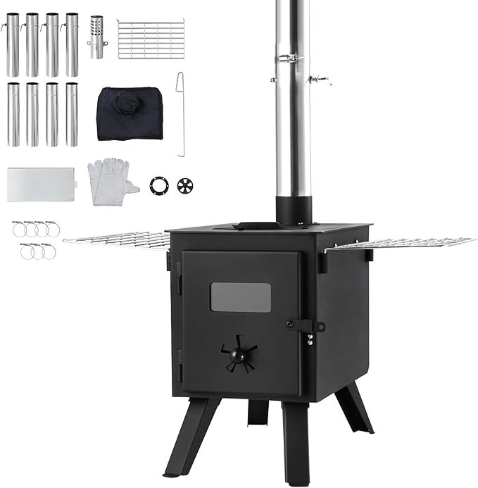 VEVOR Camping Wood Stove Alloy Steel Camping Tent Stove, Portable Wood Burning Stove with Chimney Pipes & Gloves, 1400in³Firebox Hot Tent Stove for Outdoor Cooking and Heating with 8 Pipes