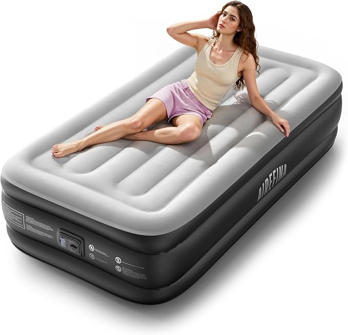 Airefina Twin Air Mattress with Built in Pump Raised, Comfort Twin Blow Up Mattress Upgraded Inflatable Mattress for Camping Guest Home, 2 Mins Quick & Fast Inflation Air Bed, Colchon Inflable