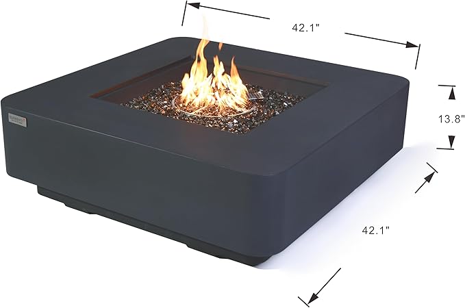 Elementi+ | Bundle Bergamo Gas Fire Pit Cast Concrete 42" Square Fire Table, Outdoor Fire Pit Electronic Ignition | Canvas Cover, Fire Glass and Burner Lid Included | Dark Gray | Propane Gas