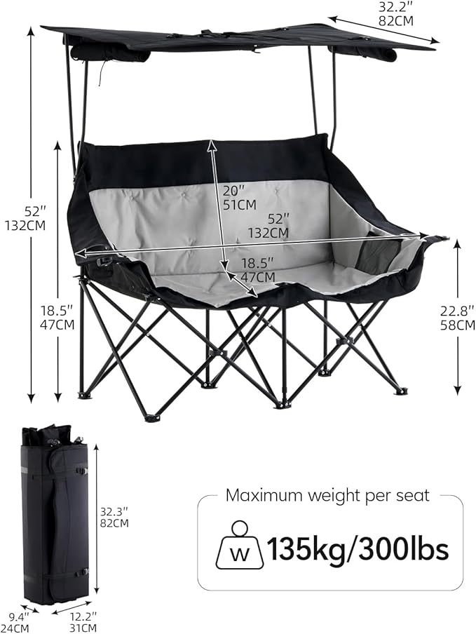 CLIPOP Double Camping Chair with Canopy, Portable Outdoor Folding Chair with Cup Holders, Side Pocket, Oversized Beach Chair with Canopy Shade for Lawn Patio Hiking, Black