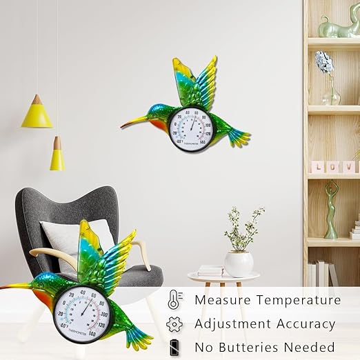 Hummingbird Outdoor Thermometer, 17" Indoor Thermometers with Large Number, Metal Wall Thermometer No Need Battery for Patio Room
