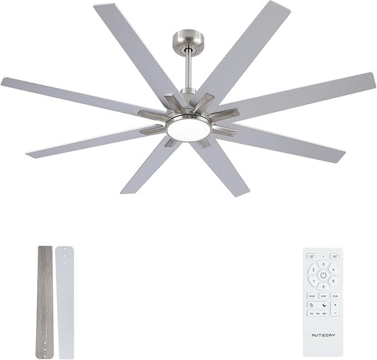 62 inch Brushed Nickel Ceiling Fan with Light & Remote, Indoor/Outdoor 8-Blade Fan, 6-Speed Silent Reversible DC Motor, 3CCT LED, Timer, 2 Downrods for Living Room/Patio