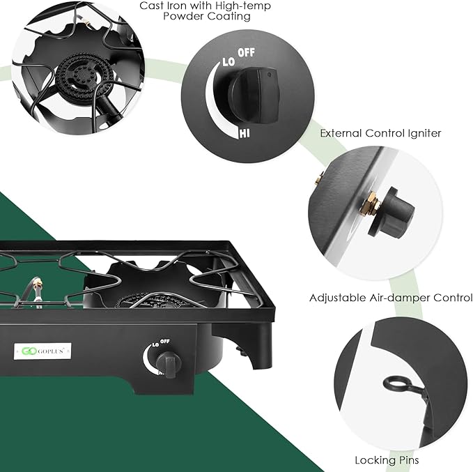 Goplus Outdoor Camping Stove, Dual Burner Propane Gas Cooker w/Detachable Legs & 0-20 PSI Regulator & CSA Approval for Camp Patio RV, Cast Iron, 150,000-BTU