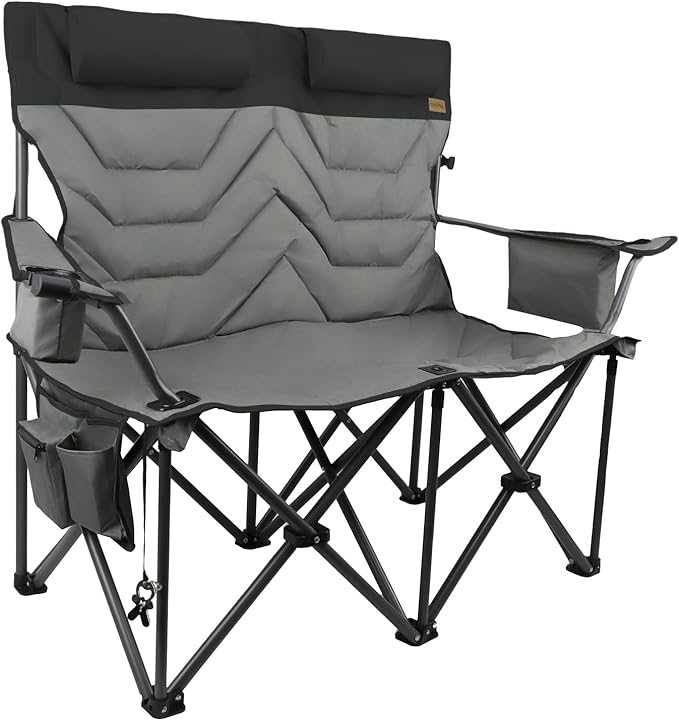Folding Camping Chair - Oversize Camping Chairs for Adults, 2 Seat Folding Chair Support 650lbs with Pillows & Cup Holders & Cooler Bags- Heavy Duty Chair for Sports Garden Beach Fishing(Blackgray)