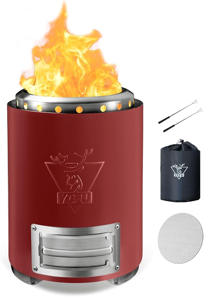 YEFU Tabletop Fire Pit 9.7 x 7.1 in, Flame Intensity Control Camping Stove for Outdoor & Patio, Fueled by Pellets or Wood, Safe Burning Table Top Firepit, with Travel Bag & 2 Mini Sticks, Red