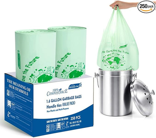 1.6 Gallon Compostable Trash Bags with Handle, 250 Count Small Compost Bags, Biodegradable Kitchen Garbage Bags, Food Scrap Waste Bags for Countertop Bin, ASTM D6400, US BPI Certified