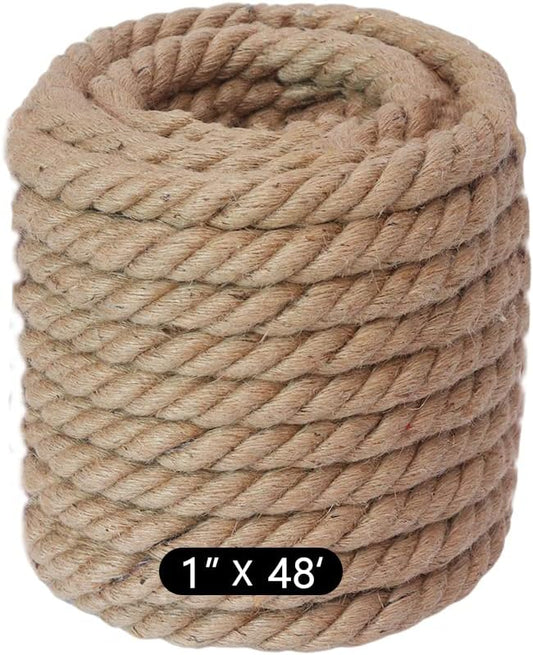 48 feet 1Inch Thick Manila Rope, JANNO Natural Twisted Hemp Rope for Tug War Home Garden Decorating, Hammock, Railings, Landscaping, Boat Fixing, Packing, DIY Arts Crafts, Cat Scratching Post and More