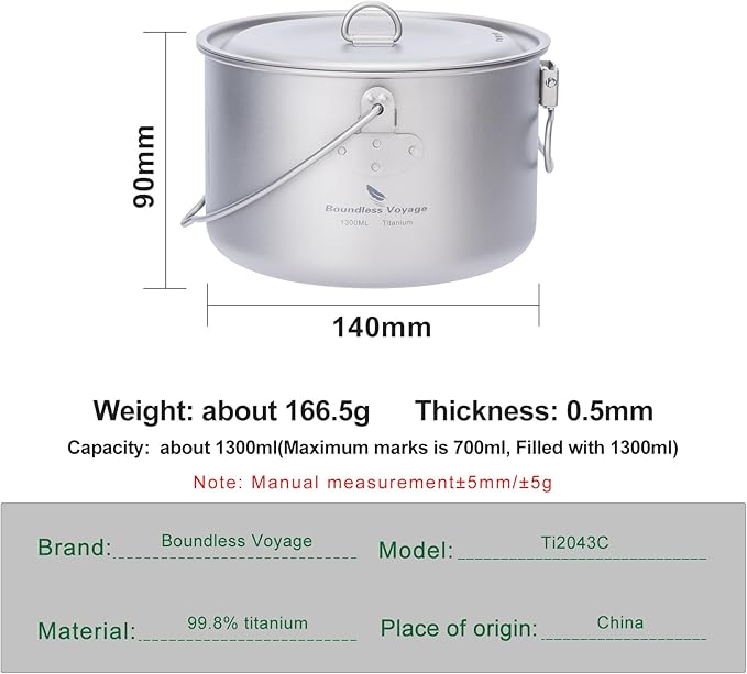 iBasingo 1.3L (1300ml) Titanium Pot with Lid Lightweight Backpacking Cook Pot for Solo Camping, Hiking & Backpackers, Portable Camping Cookware with Measurement Marks Ti2043C