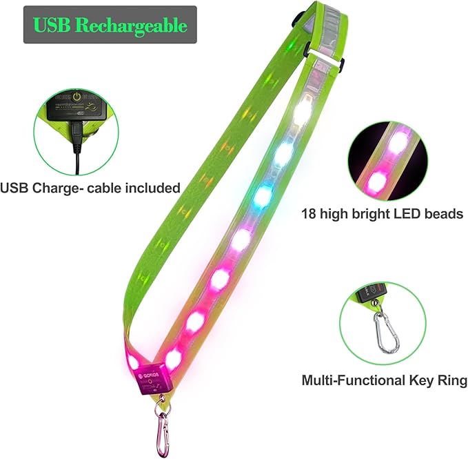 LED Reflective Running Gear Sash 4 Lights Colors in One Adjustable Safety Running Vest Belt for Night Walking High Visibility Running Gear for Men Rechargeable LED Running Belt Reflective Gear