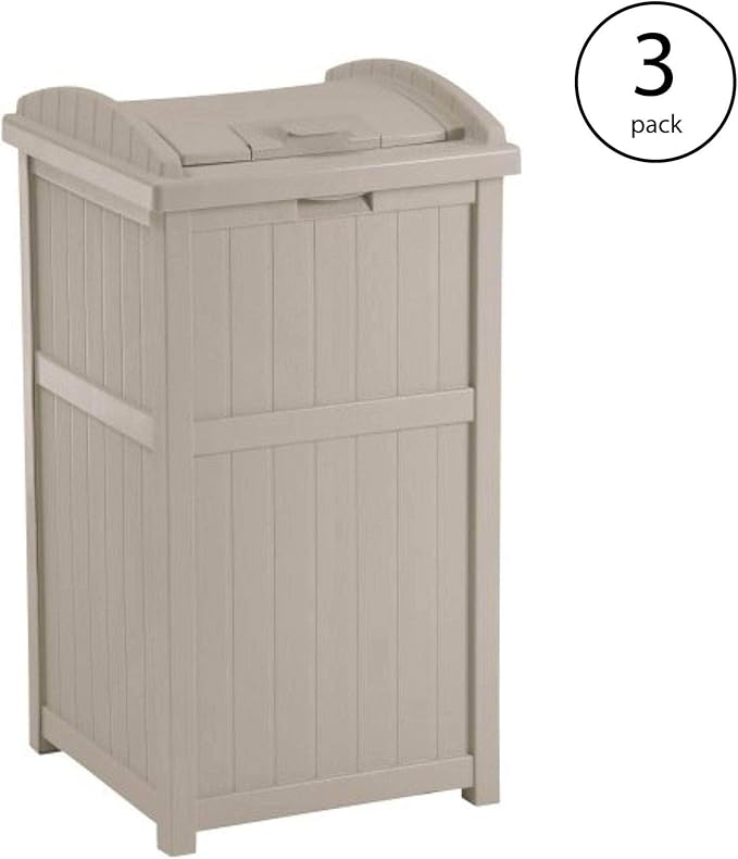 Suncast 3 Pack 15.75" x 16" x 31.6" Trash Hideaway 33 Gallon Resin Outdoor Commercial Garbage Container with Lid for Backyard, Deck, or Patio in Taupe