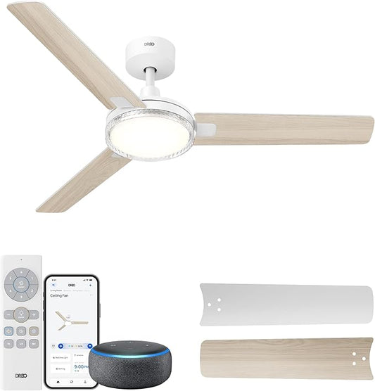 Dreo Smart Ceiling Fans with Lights, 52 Inch White Ceiling Fan, 12 Speeds & 3 Fan Modes, Stepless Color Tones, Dimmable LED Light, 1-12H Timer, Quiet DC Motor, Remote/APP/Alexa/Wall Switch Control