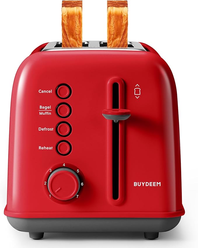 BUYDEEM DT620 2-Slice Toaster, Extra Wide Slots, Retro Stainless Steel with High Lift Lever, Bagel and Muffin Function, Removal Crumb Tray, 7-Shade Settings,Red