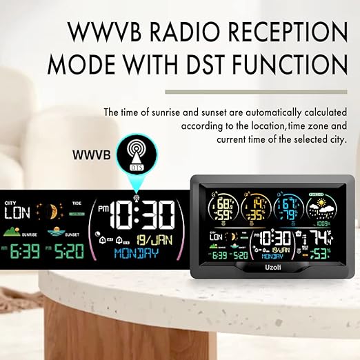 Uzoli EM3390 7.5" Weather Station, Weather Station Wireless Indoor Outdoor Thermometer, Digital Weather Stations 3 Sensors with Atomic Clock, Barometer, Moon Phase, Large Screen Monitor for Home Use