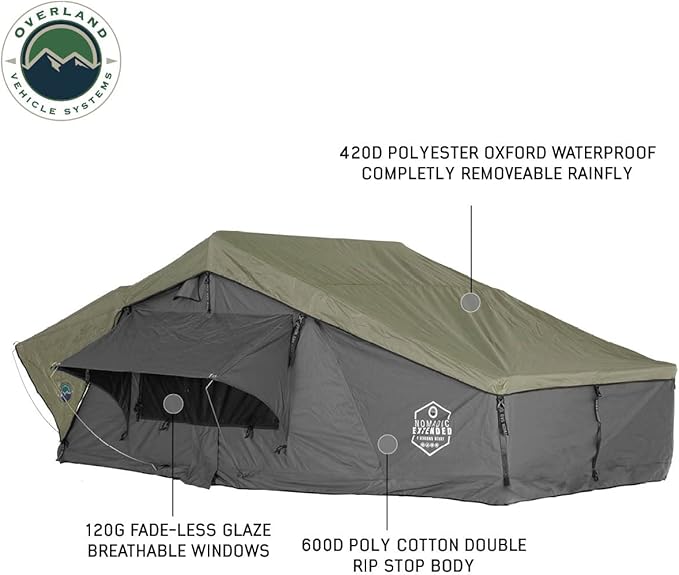 Overland Vehicle Systems HD Nomadic 3 Extended Soft Shell Roof Top Tent - Dark Gray Base with Green Rain Fly & Black 1000G PVC Travel Cover - Black Aluminum Base