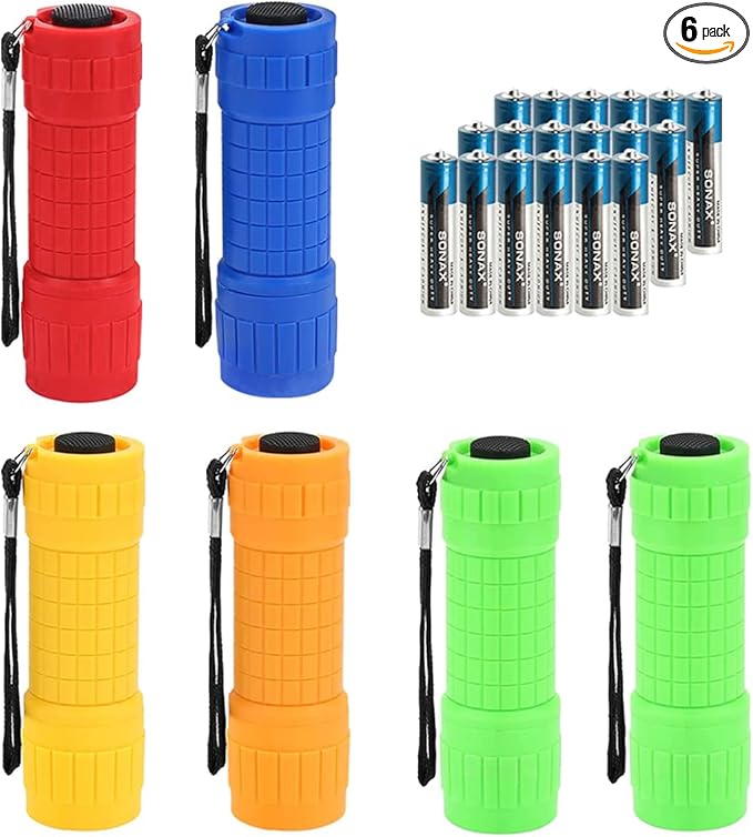 6-Pack Small Mini Flashlight Set, 5 Colors, COB LED Handheld Flashlight with Lanyard,18-Pack AAA Battery Included for Kids/Night Reading/Party/Camping/Emergency/Hunting