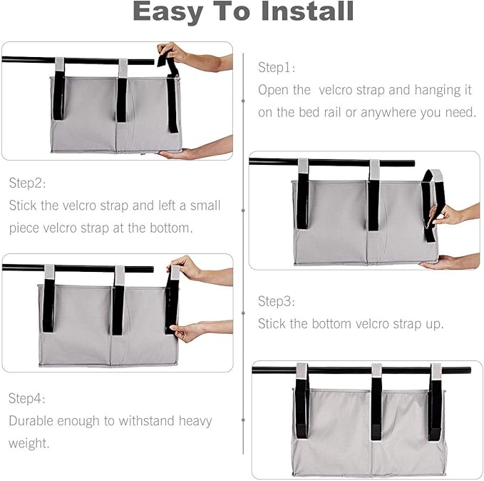 Bedside Caddy, Hanging Under Bed Storage Organizer Bag with 8 Pockets for College Dorm Rooms, Hospital Bed Rails, Camp