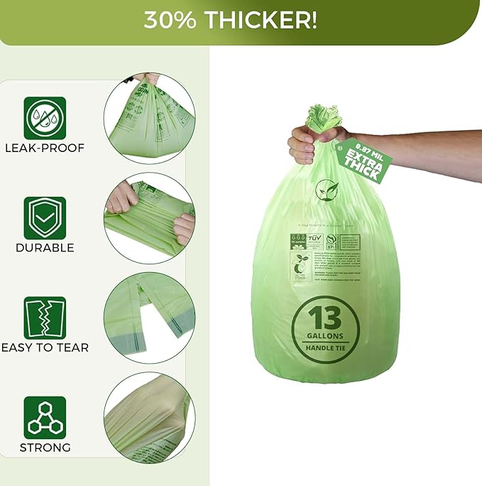 13 Gallon Compostable Trash Bags with Flat-Top, Thick 0.87 Mil, 49.21 Liter, 50 Bags, Tall Kitchen Food Scrap Waste Bag, ASTM D6400, US BPI and OK Compost Home Certified