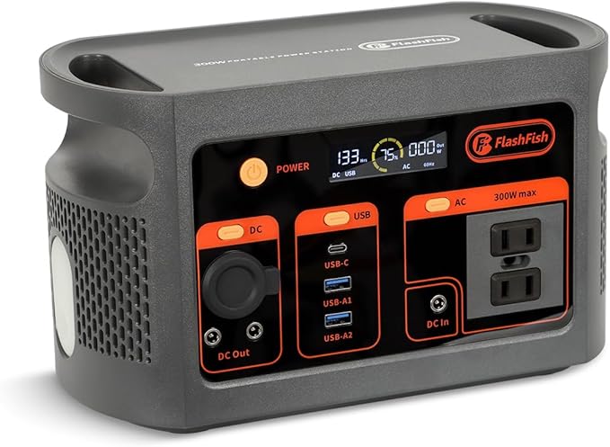 Flashfish 300W Portable Power Station - 179Wh LiFePO4 Battery, 600W Surge, Pure Sine Wave AC Outlets, 60W USB-C PD, 2xUSB-A, DC & Car Ports, LED Light, Solar Generator for Camping&Emergencies