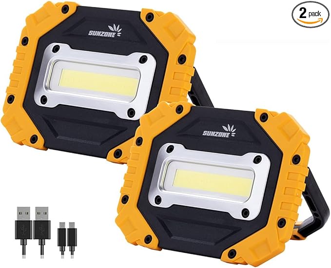 Sunzone LED Work Light, Rechargeable Magnetic Flood Lights with Stand, Waterproof Portable Job Site Lighting for Camping, Fishing, Hiking, Car Inspection with Emergency Mode (2 Pack)