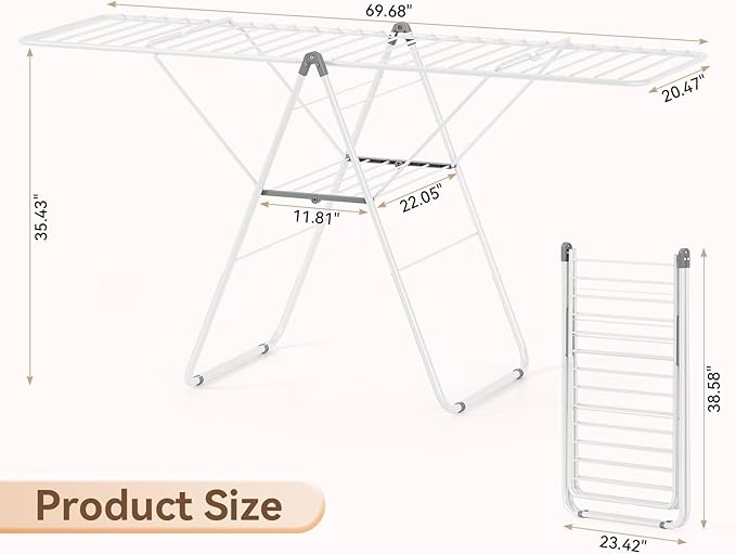 APEXCHASER Clothes Drying Rack, Foldable Drying Rack Clothing, Sturdy Metal Laundry Drying Rack, Height-Adjustable Gullwing, Easy to Fold, Space-Saving, for Indoor Outdoor, White