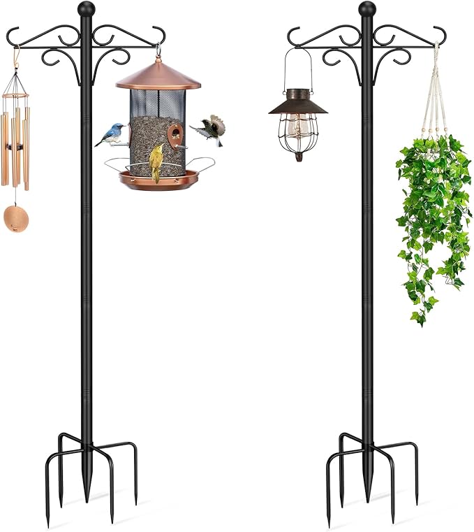 Shepherds Hooks for Outdoor, 2 Pack 76.8 in Heavy Duty Bird Feeder Pole, Thickened Double Shepherd Hook Stand for Hanging Plants, Lanterns, Solar Lights, Wind Chime, Hummingbird Feeder, Garden