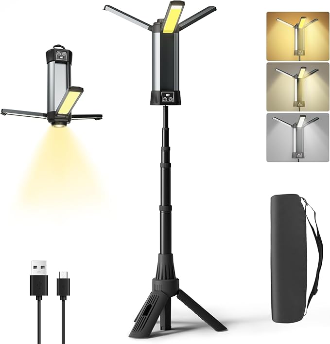 Rechargeable Camping Light with Stand, Outdoor LED Cordless Work Light with Portable Telescopic Bracket, 6AH Battery, 2000 Lumen Construction Lights with Carrying Bag