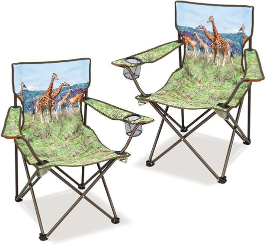 2 Pcs Animal Pattern Camping Chair,Folding Backpacking Lightweight Beach Chair w/Cup Holder,Mesh Side Pocket,Carry Bag,Portable Lawn Chair for Adults Family Outdoor Parties,Hiking,Giraffes