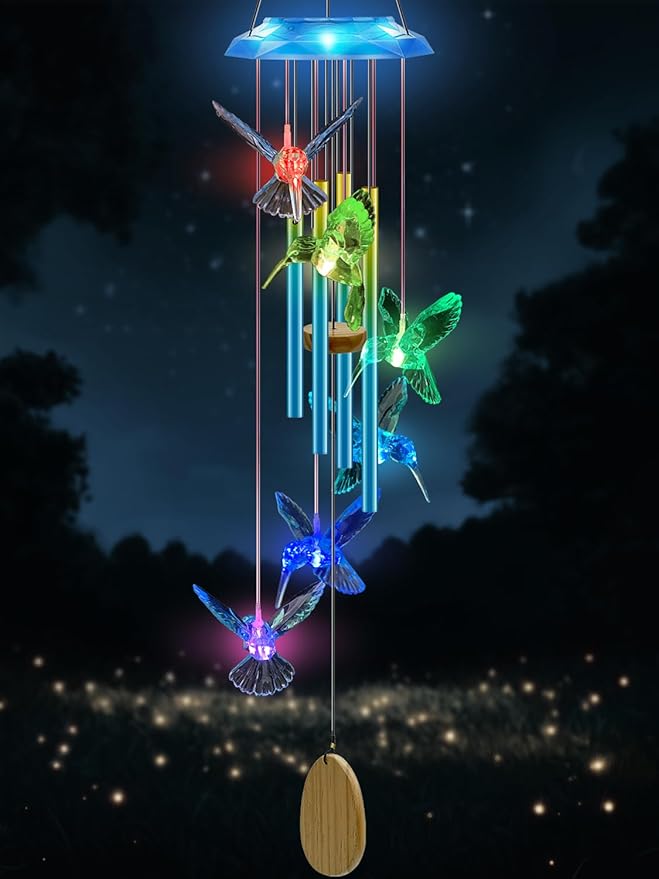 Wind Chimes,Hummingbird Solar Wind Chimes for Outside,Blue Gradation Aluminum Tubes Deep Tone Memorial Wind Bell for Garden/Patio Mobiles Decorative Gifts for Mom, Wife, Grandma Neighbors(37" Long)