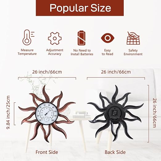 26'' Large Outdoor Thermometer, Premium Metal Sun Wall Thermometer Hygrometer No Need Battery, Decorative Indoor Outdoor Thermometer for Patio, Backyard, Garden, Living Room (Retro)