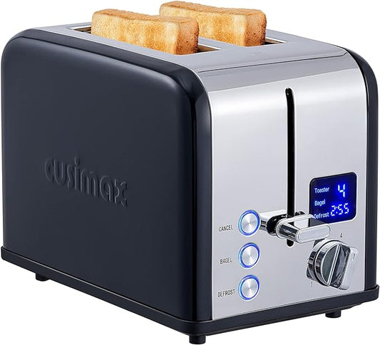 CUSIMAX 2 Slice Stainless Steel Toaster With Large LED Display, 1.5'' Extra-Wide Slots, 6 Browning Settings, Cancel/Bagel/Defrost Function, Removable Crumb Tray, Black