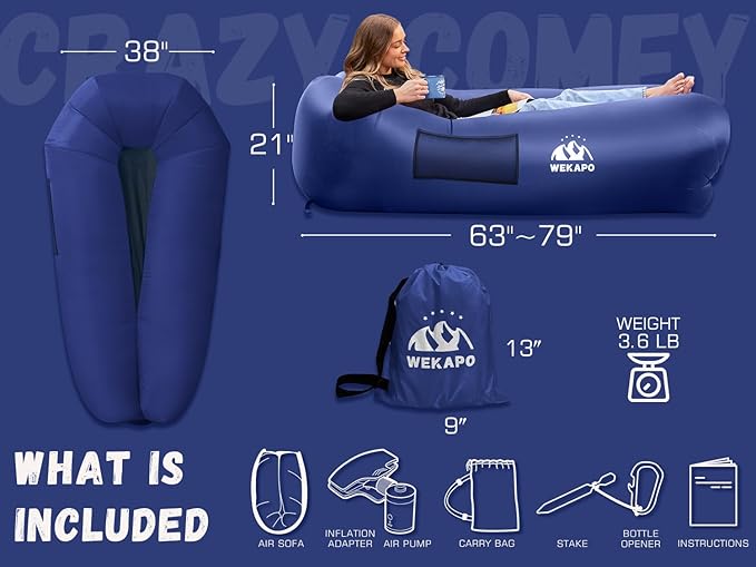 WEKAPO Inflatable Couch with Pump - Easiest Setup, Crazy Comfy & Ultralight - Blow up Lounger Chair Perfect for Hiking, Camping, Beach, Festivals - Lightweight Air Sofa for Relaxing Anywhere (Navy)