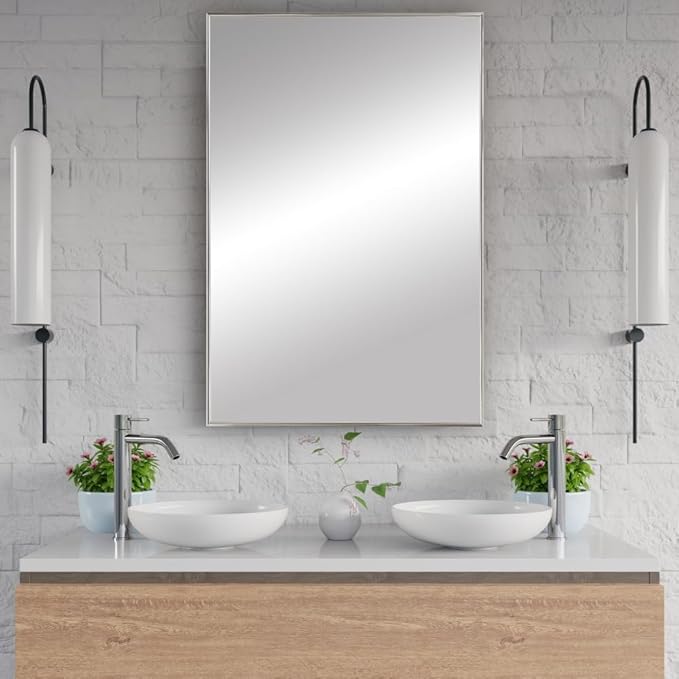 Frame My Mirror Silver Metal Framed Mirror, 28" x 48" Mirror for Bathroom, Metal Frame, True Reflections Glass, Satin Nickel Finish, Stanton Design, Hangs Horizontally or Vertically, Made in USA